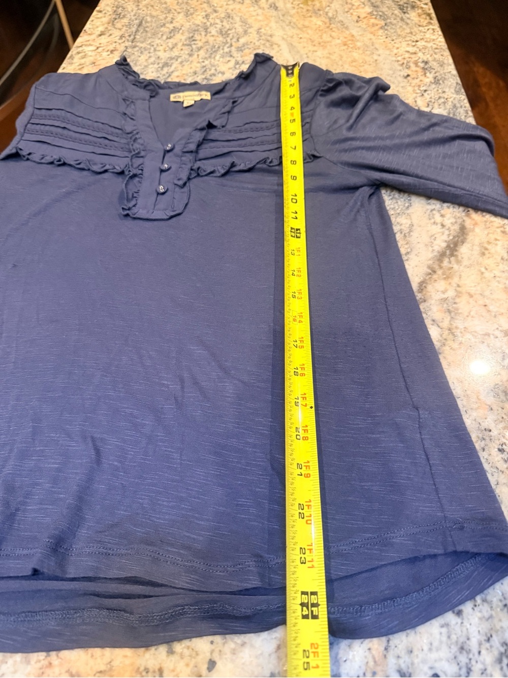 Democracy XS Navy Ruffle Henley Blouse Pintuck Long Sleeve Boho Festival Top - Picture 6 of 13